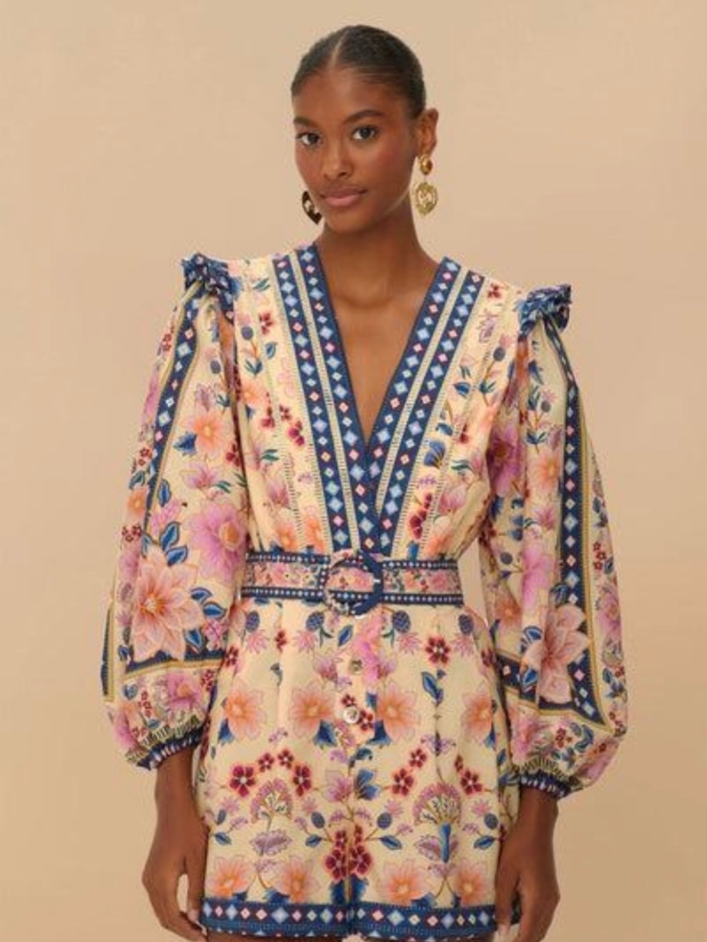 FARM Rio Long Sleeve Floral Romper w/ Belt – Size Small